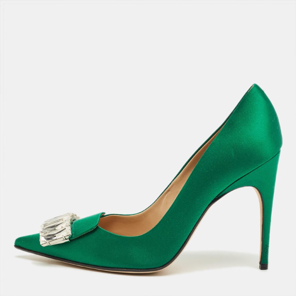 Sergio Rossi Green Satin Crystal Embellish Pointed Toe Pumps Size 40 Sergio Rossi Green Satin Crystal Embellish Pointed Toe Pumps Size 40