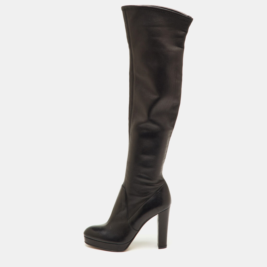 Sergio Rossi Size 36.5 Black Leather Platform Knee Length Boots
