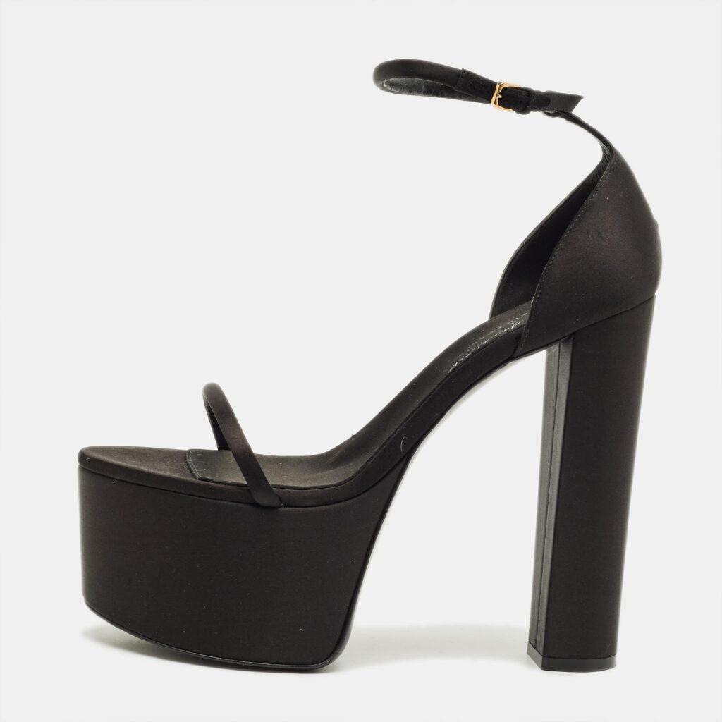 Sergio Rossi Size 41.5 Black Satin Platform Strappy Block Heel Sandals
