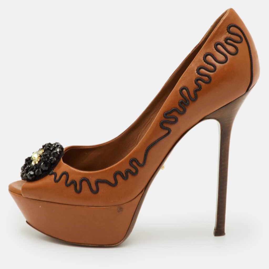 Sergio Rossi Size 37.5 Brown Leather Peep Toe Pumps Sergio Rossi Size 37.5 Brown Leather Peep Toe Pumps