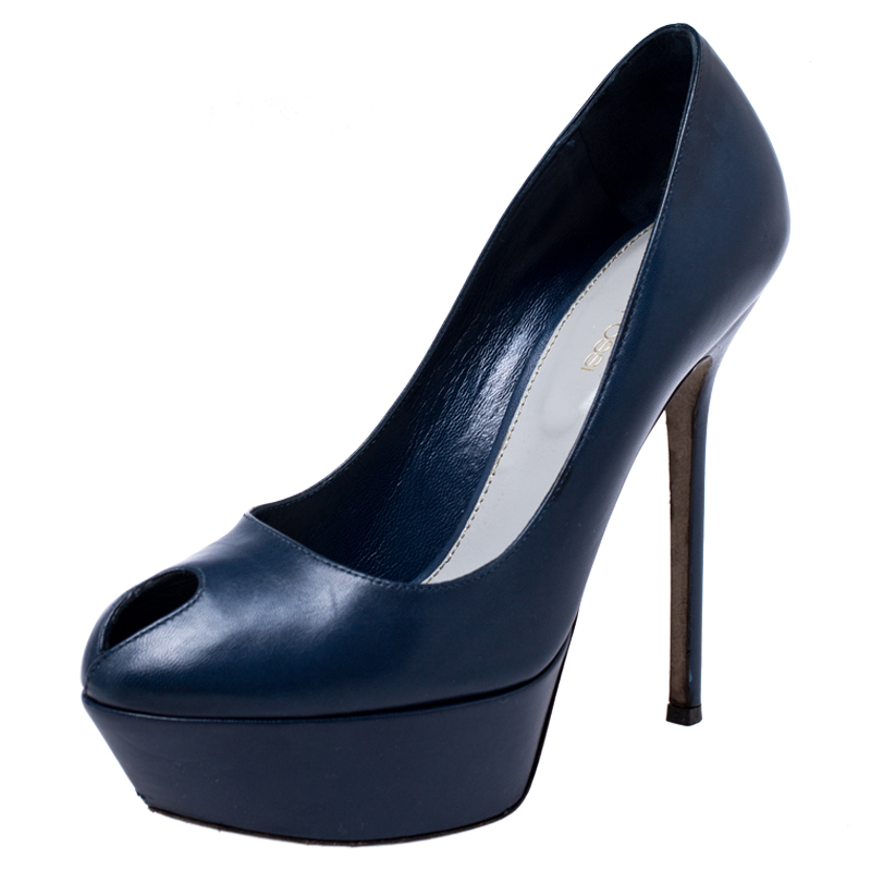 Sergio Rossi Blue Leather Peep Toe Platform Pumps Size 37 Sergio Rossi Blue Leather Peep Toe Platform Pumps Size 37