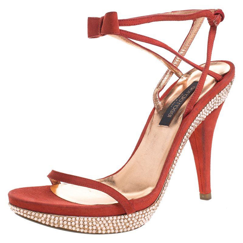 Sergio Rossi Red Suede Crystal Embellished Ankle Strap Platform Sandals Size 37 Sergio Rossi Red Suede Crystal Embellished Ankle Strap Platform Sandals Size 37