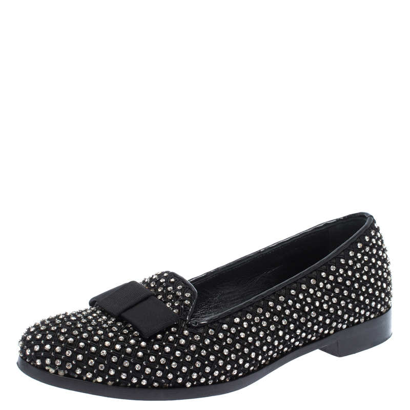 Sergio Rossi Black Crystal Embellished Fabric Bow Detail Flat Loafers Size 36.5 Sergio Rossi Black Crystal Embellished Fabric Bow Detail Flat Loafers Size 36.5