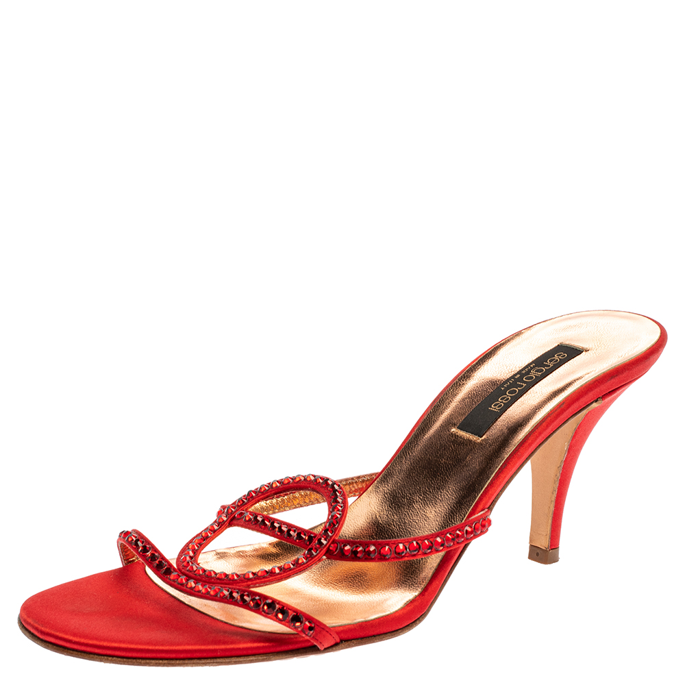 Sergio Rossi Red Satin Crystal Embellished Slip On Sandals Size 37.5 Sergio Rossi Red Satin Crystal Embellished Slip On Sandals Size 37.5