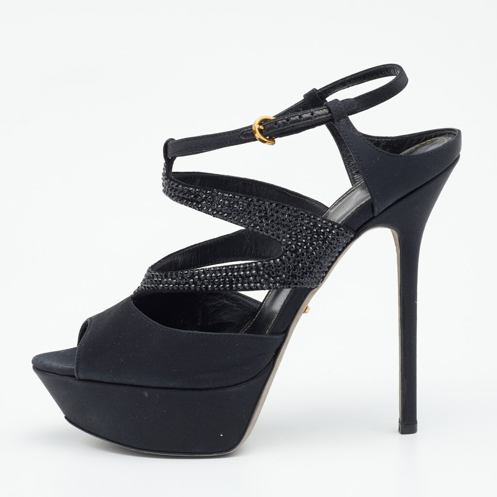Sergio Rossi Black Satin Embellished Ankle Strap Sandals Size 39 Sergio Rossi Black Satin Embellished Ankle Strap Sandals Size 39
