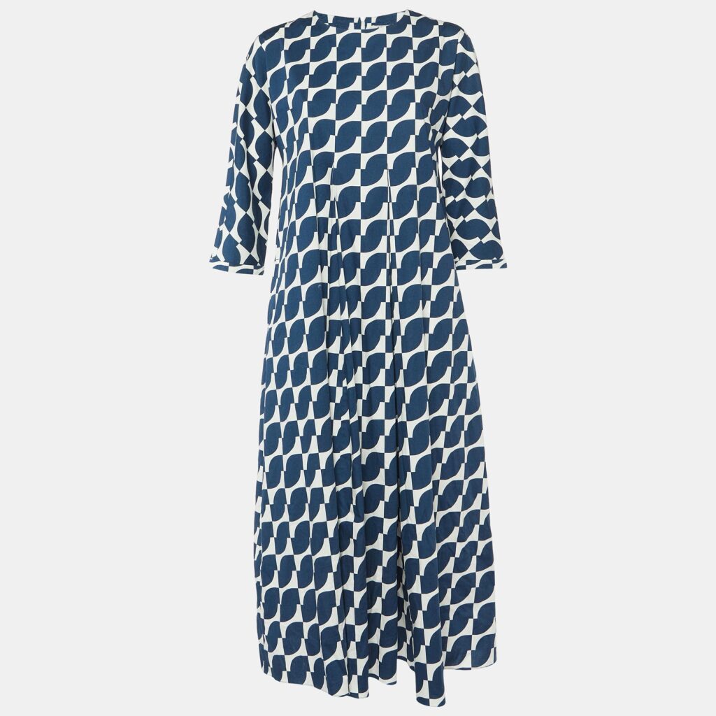 S'Max Mara Navy Blue Geometric Print Cotton Pleated Long Dress M S'Max Mara Navy Blue Geometric Print Cotton Pleated Long Dress M