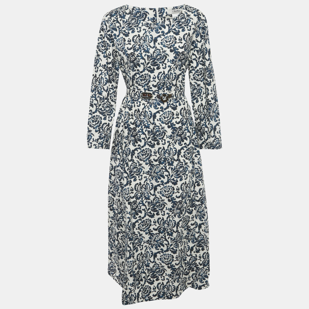 S'Max Mara Blue Printed Cotton Belted Long Dress XL S'Max Mara Blue Printed Cotton Belted Long Dress XL