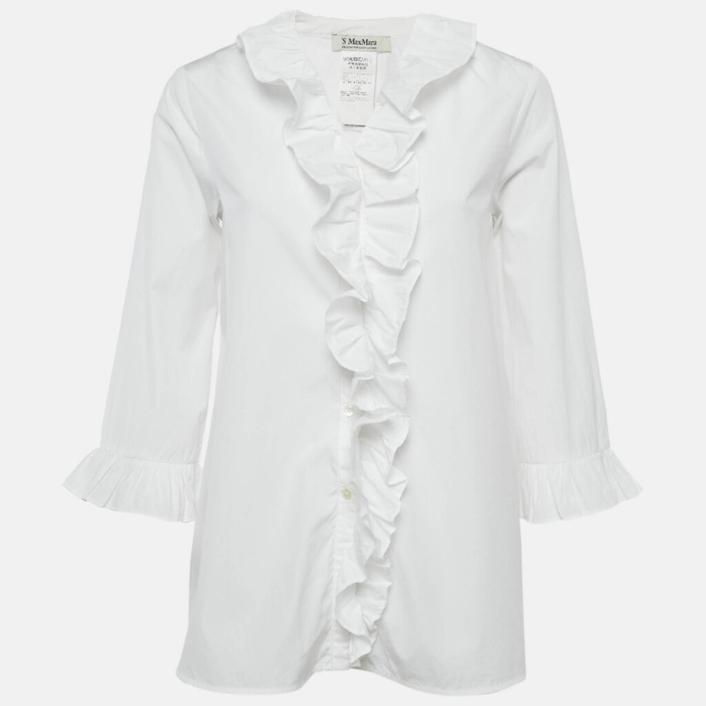 S'Max Mara White Cotton Ruffled Button Front Shirt S