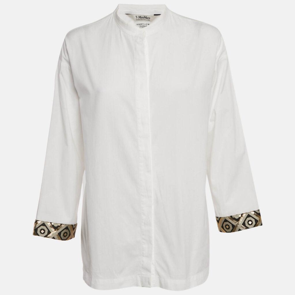 S'Max Mara White Lurex Trim Cuff Cotton Shirt S S'Max Mara White Lurex Trim Cuff Cotton Shirt S