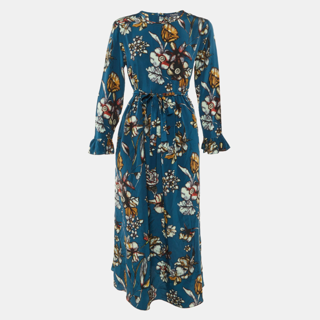 S' Max Mara Teal Blue Floral Print Silk Midi Dress L S' Max Mara Teal Blue Floral Print Silk Midi Dress L
