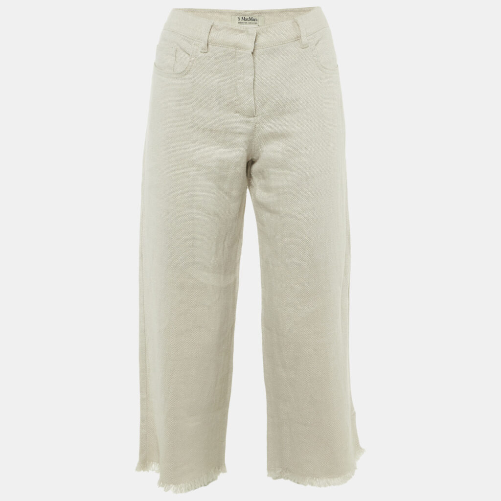 S'Max Mara Beige Textured Linen Frayed Hem Trousers M S'Max Mara Beige Textured Linen Frayed Hem Trousers M