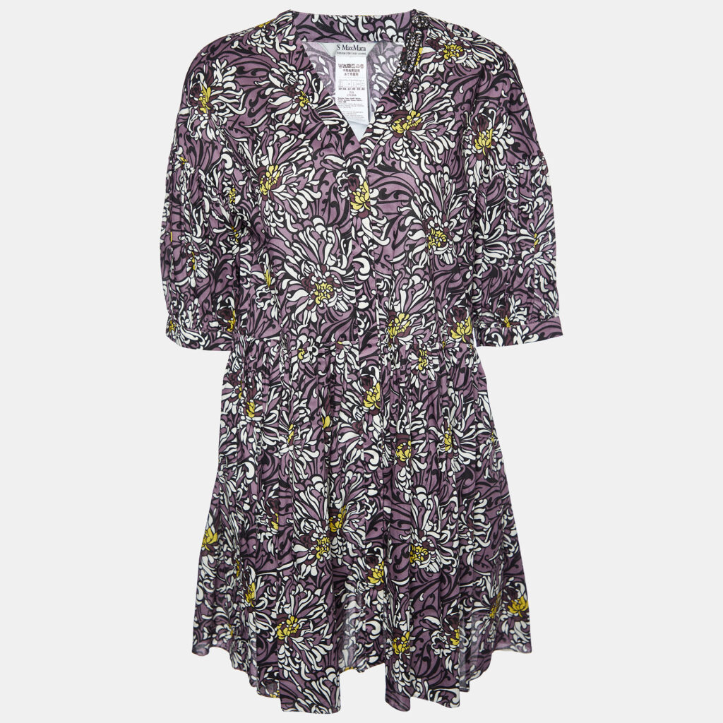 S'Max Mara Purple Floral Printed Cotton Mini Dress L S'Max Mara Purple Floral Printed Cotton Mini Dress L