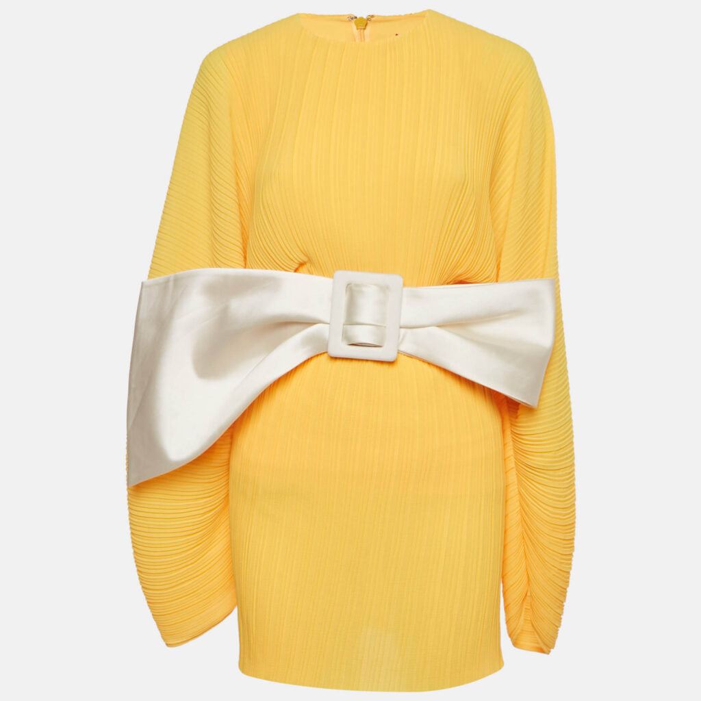 Solace London Yellow Plisse Bow Belted Tanzy Short Dress S