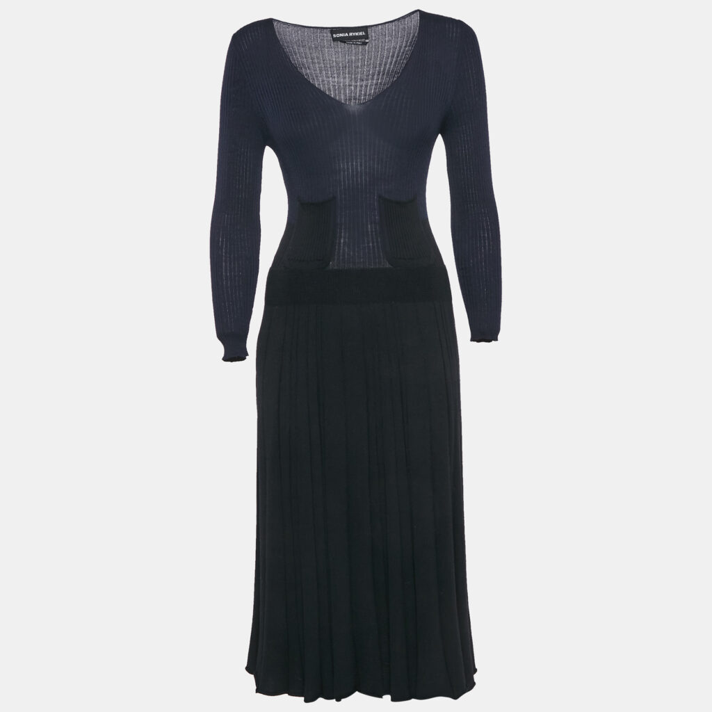 luxury-women-sonia-rykiel-used-clothes-p1153554-006-1.jpg Sonia Rykiel Navy Blue/Black Rib Knit V-Neck Midi Dress M