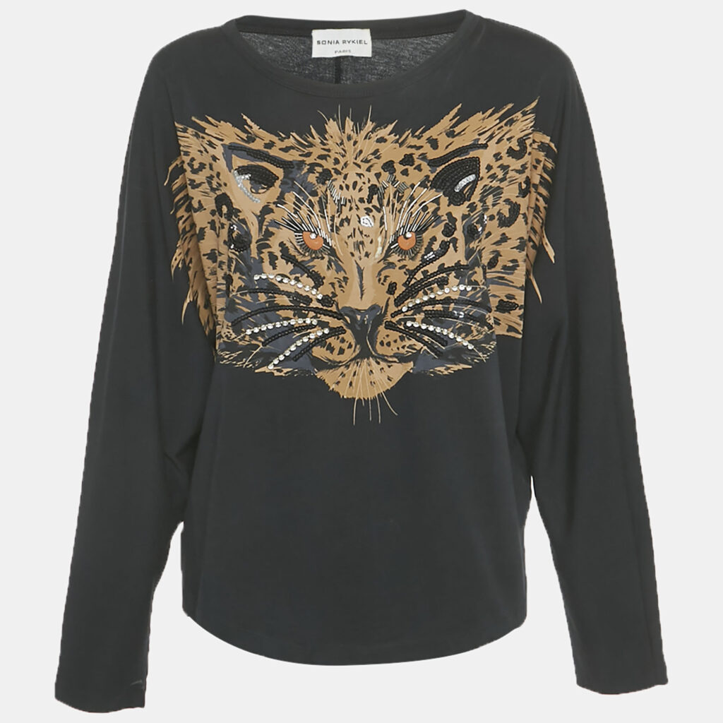 Sonia Rykiel Black Tiger Print Jersey Beaded Top L Sonia Rykiel Black Tiger Print Jersey Beaded Top L