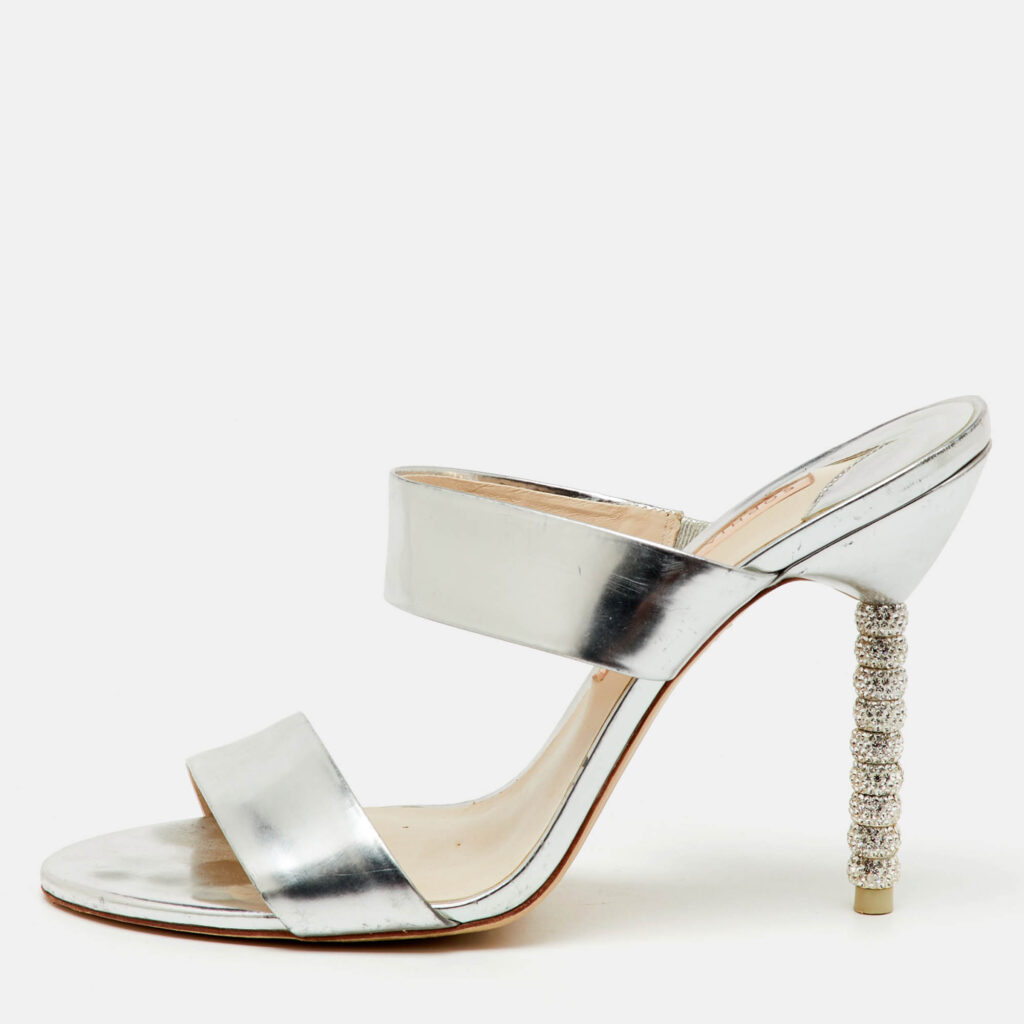Sophia Webster Silver Foil Leather Crystal Embellished Heel Slide Sandals Size 40