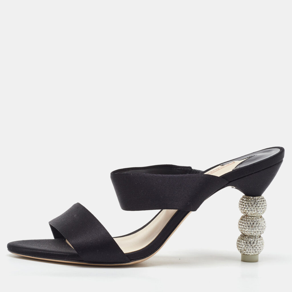 Sophia Webster Black Satin Crystal Embellished Heel Slide Sandals Size 38