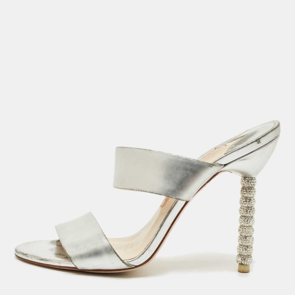 Sophia Webster Silver Foil Leather Crystal Embellished Heel Slide Sandals Size 37 Sophia Webster Silver Foil Leather Crystal Embellished Heel Slide Sandals Size 37