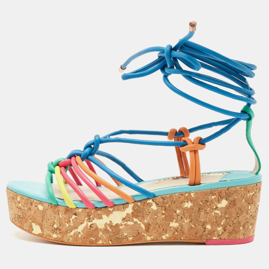 Sophia Webster Multicolor Leather Cork Wedge Sandals Size 37.5