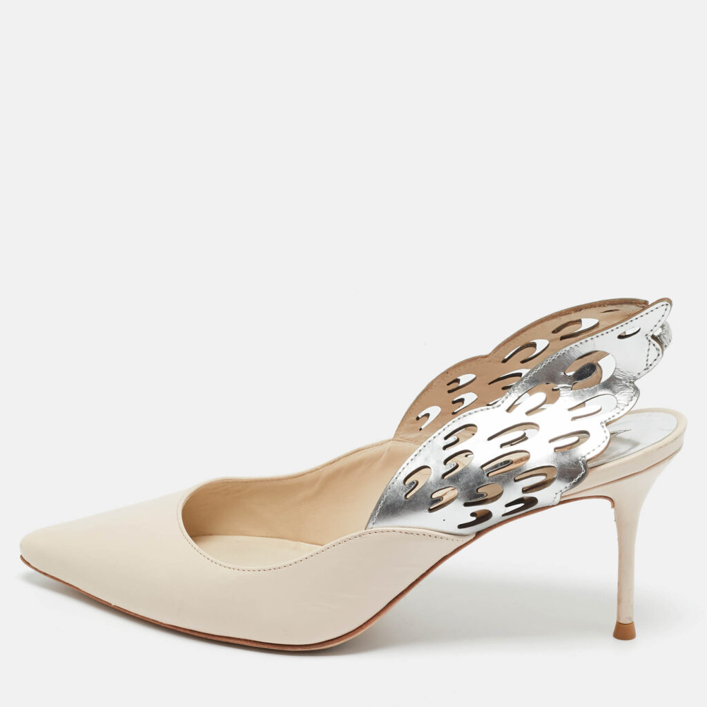 Sophia Webster Beige/Silver Leather Angelo Slingback Pumps 37.5