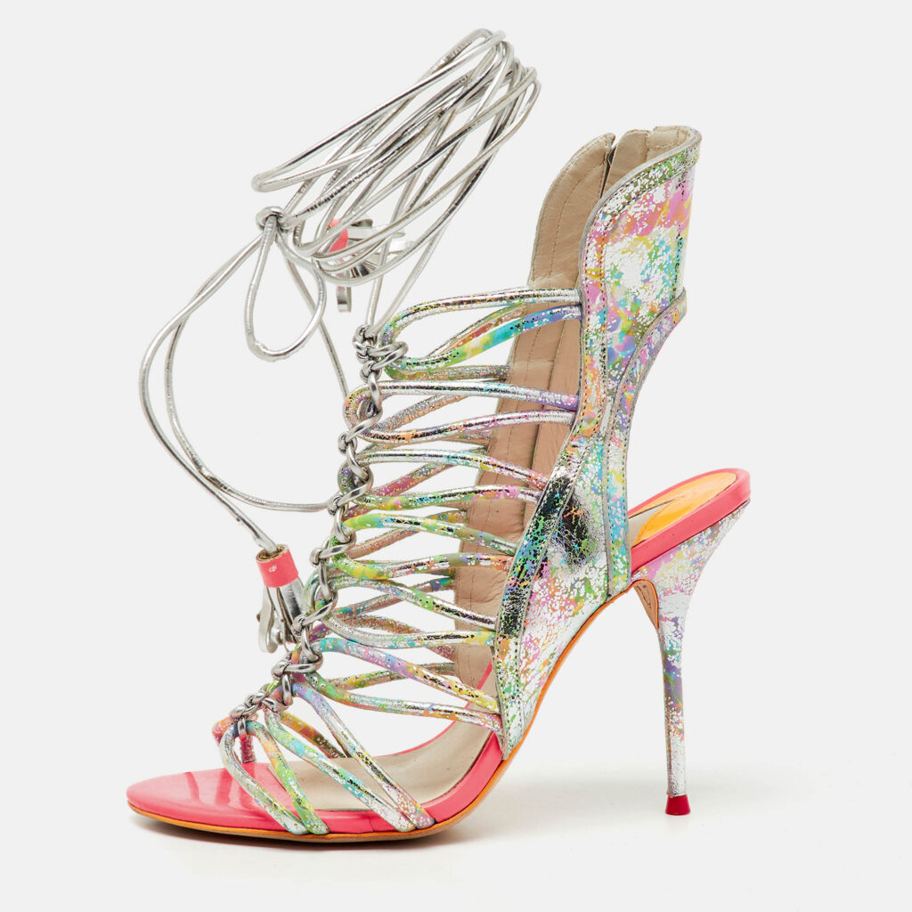 Sophia Webster Metallic Multicolour Leather Lacey Tie Up Sandals Size 38