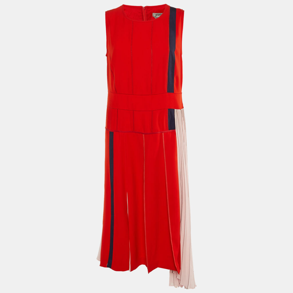 Sportmax Red Colorblock Crepe Pleated Midi Dress L Sportmax Red Colorblock Crepe Pleated Midi Dress L