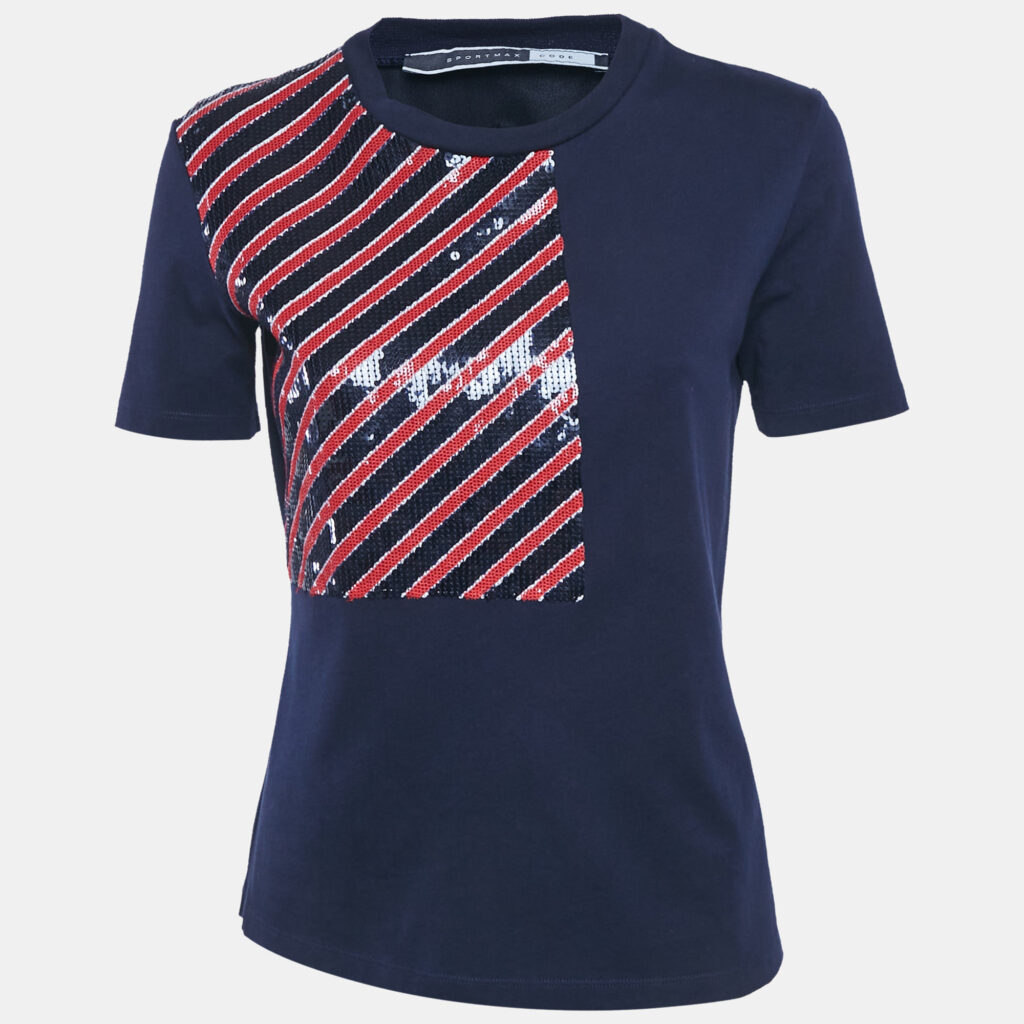 luxury-women-sportmax-used-clothes-p1180457-001-1.jpg Sportmax Code Navy Blue Sequin Embellished Cotton T-Shirt M
