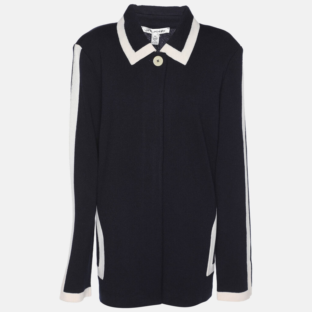 St. John Navy Blue/Cream Wool Rib Knit Sweater XL St. John Navy Blue/Cream Wool Rib Knit Sweater XL