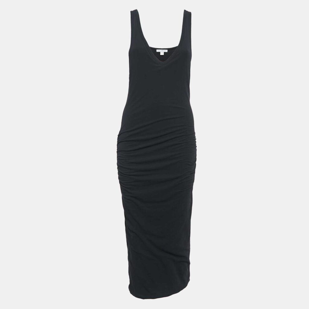 Standard James Perse Black Jersey Ruche Detail Midi Dress S Standard James Perse Black Jersey Ruche Detail Midi Dress S