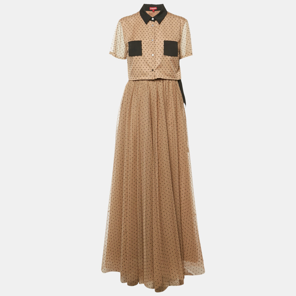 Staud Dark Beige Dot Printed Mesh Shirt & Skirt L Staud Dark Beige Dot Printed Mesh Shirt & Skirt L
