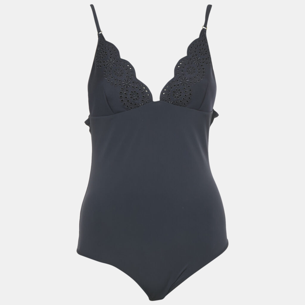 Stella McCartney Navy Blue Broderie Anglaise Embroidered Jersey Swimsuit L