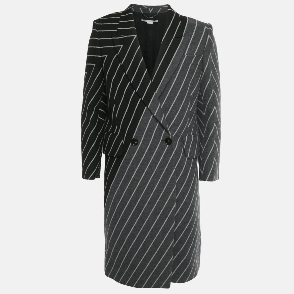 Stella McCartney Monochrome Striped Wool Mid-Length Coat S