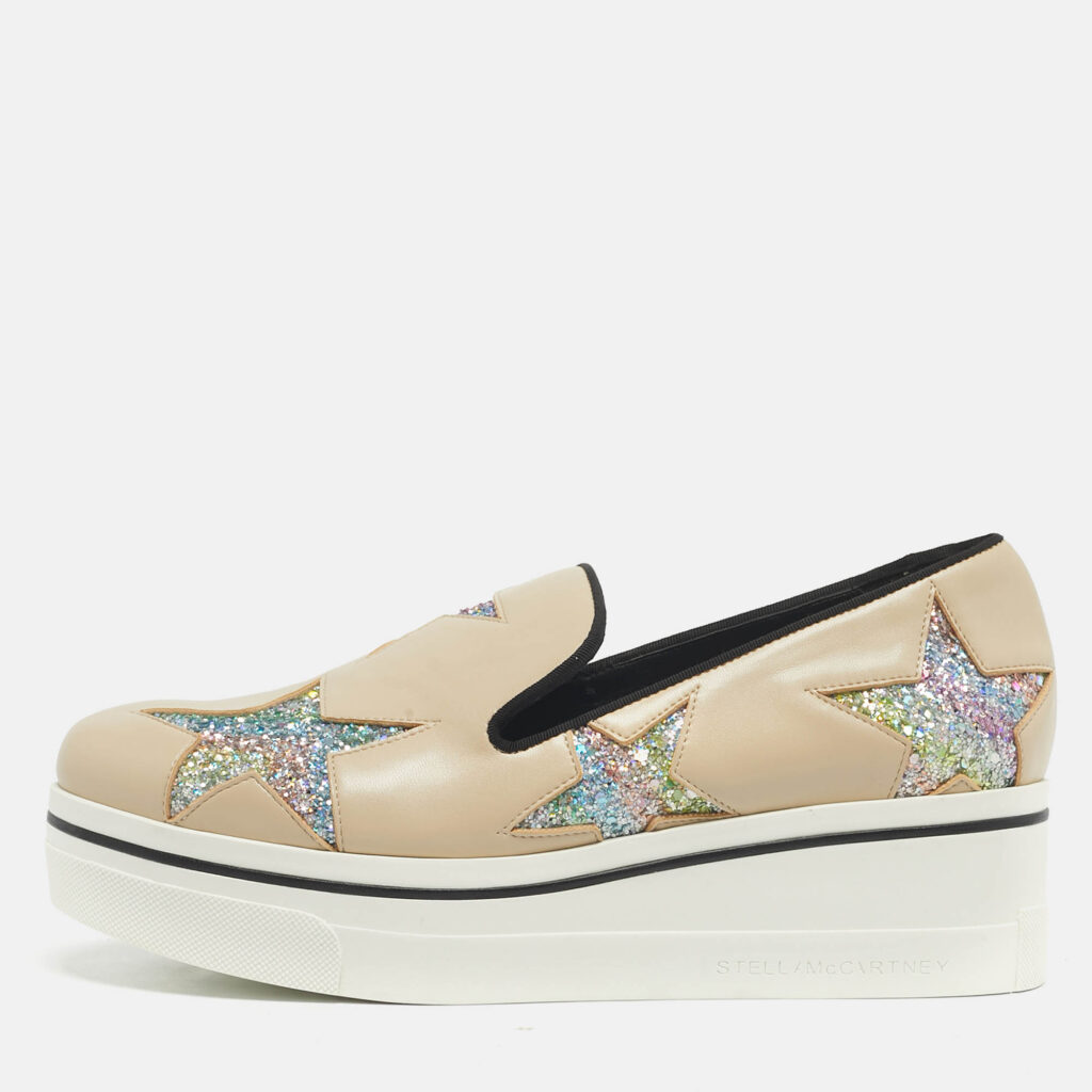 Stella McCartney Beige Faux Leather and Glitter Binx Star Platform Slip On Sneakers Size 39