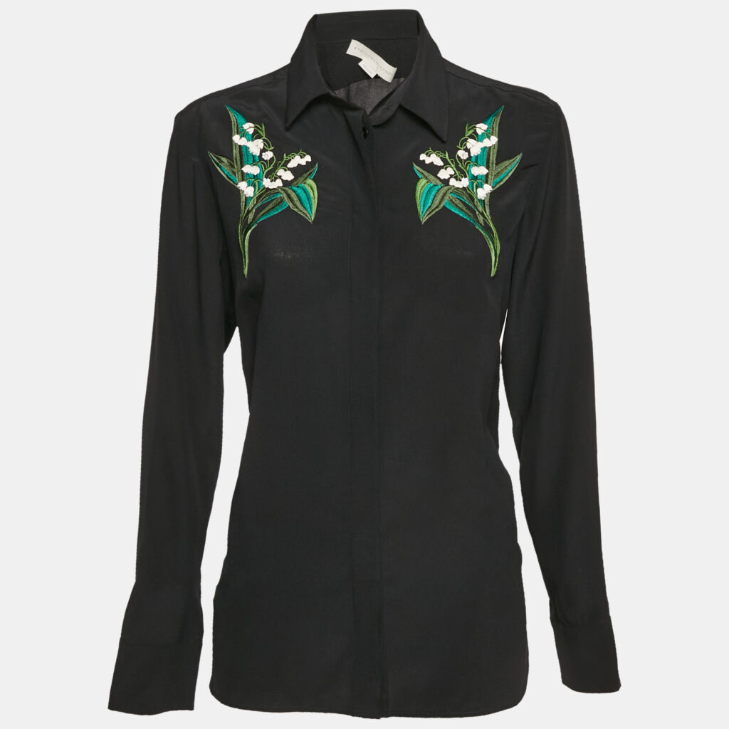 Stella McCartney Black Floral Embroidered Silk Long Sleeve Shirt S