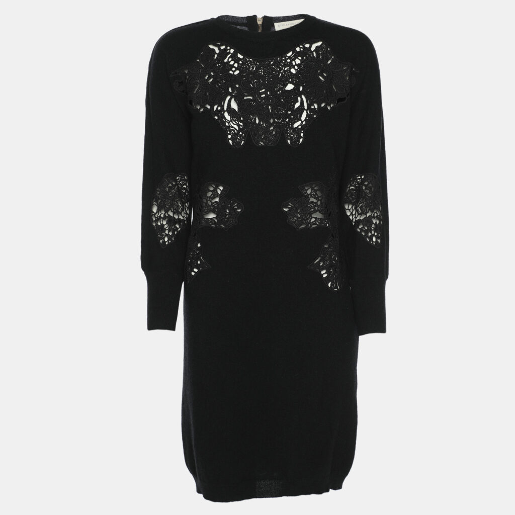Stella McCartney Black Wool Knit Floral Embroidered Dress M Stella McCartney Black Wool Knit Floral Embroidered Dress M