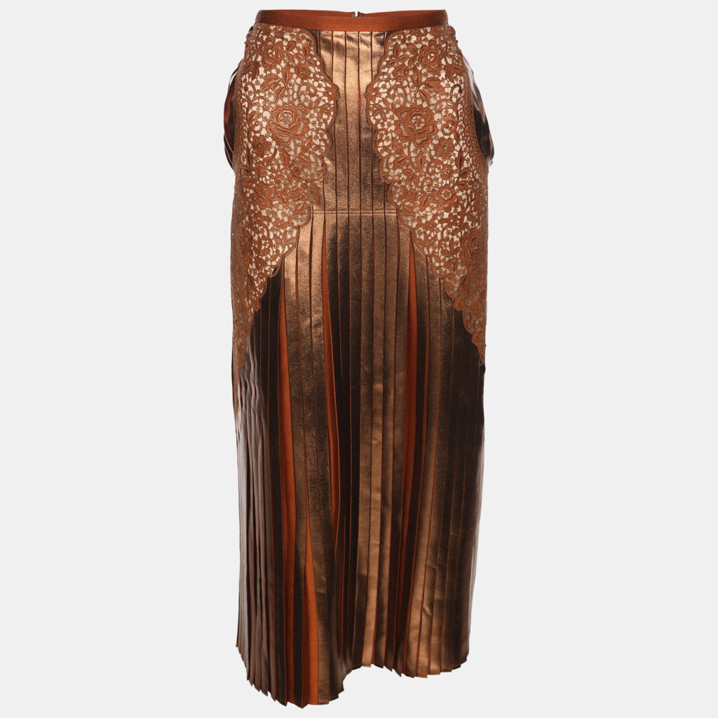 Stella McCartney Metallic Brown Crepe Pleated and Lace Midi Skirt S Stella McCartney Metallic Brown Crepe Pleated and Lace Midi Skirt S