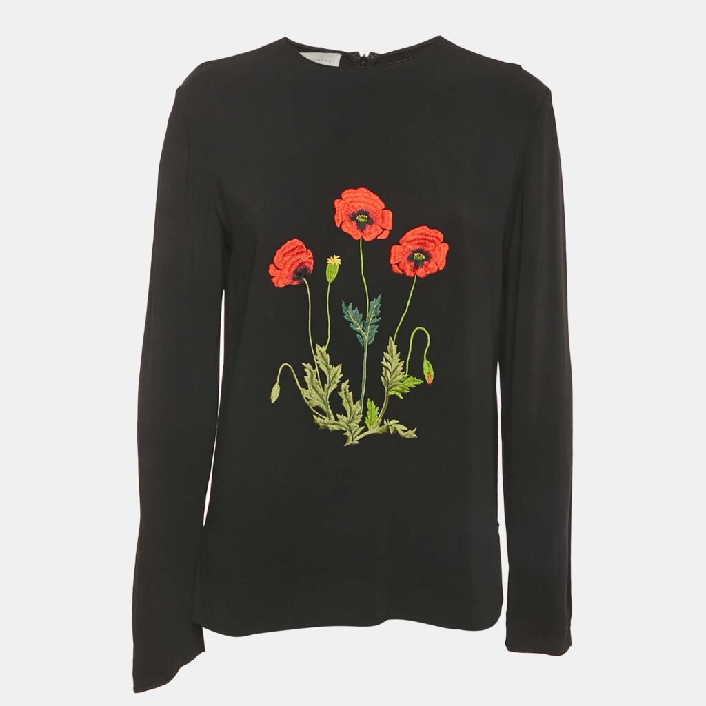 Stella McCartney Black Floral Embroidered Crepe Blouse S Stella McCartney Black Floral Embroidered Crepe Blouse S