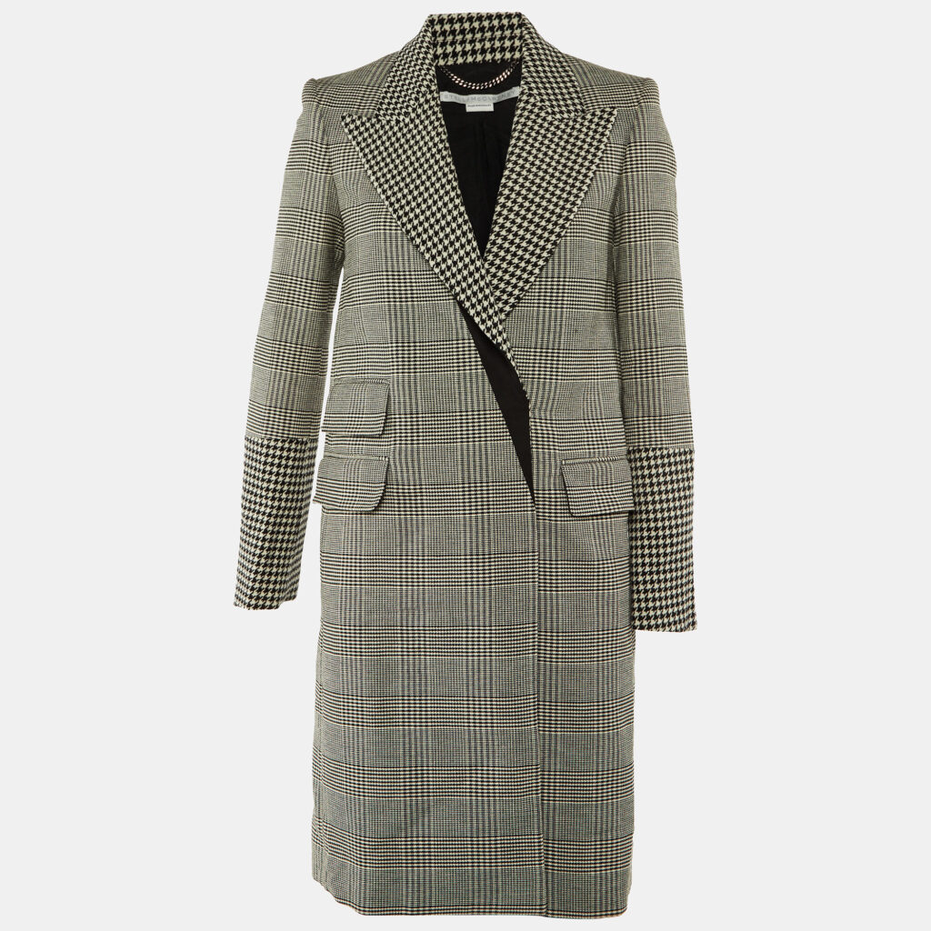 Stella McCartney Monochrome Houndstooth Wool Double Breasted Coat S