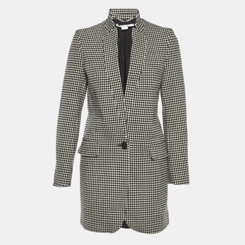 Stella McCartney Monocrome Houndstooth Pattern Wool Mid Length Coat M Stella McCartney Monocrome Houndstooth Pattern Wool Mid Length Coat M
