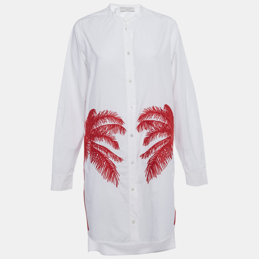 Stella Mccartney White Erica Palm Tree Embroidery Cotton Long Shirt Dress M