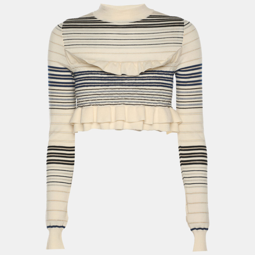 Stella McCartney Cream/Blue Striped Rib Knit Cropped Striped Frill Jumper S Stella McCartney Cream/Blue Striped Rib Knit Cropped Striped Frill Jumper S