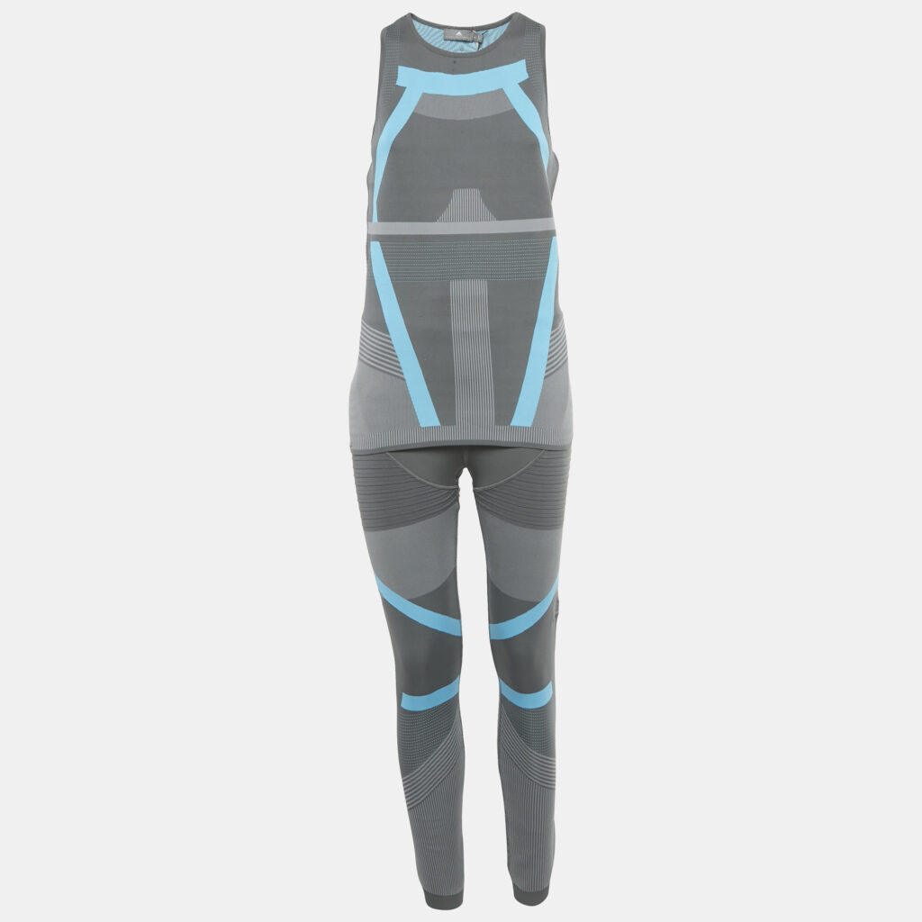 Stella McCartney X Adidas Grey /Blue Pattered Jersey Top & Leggings Active Wear Set L Stella McCartney X Adidas Grey /Blue Pattered Jersey Top & Leggings Active Wear Set L