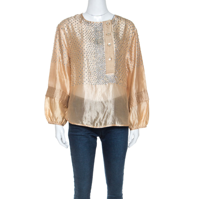 Stella McCartney Beige Silk Sequin Detail Balloon Sleeve Blouse S Stella McCartney Beige Silk Sequin Detail Balloon Sleeve Blouse S