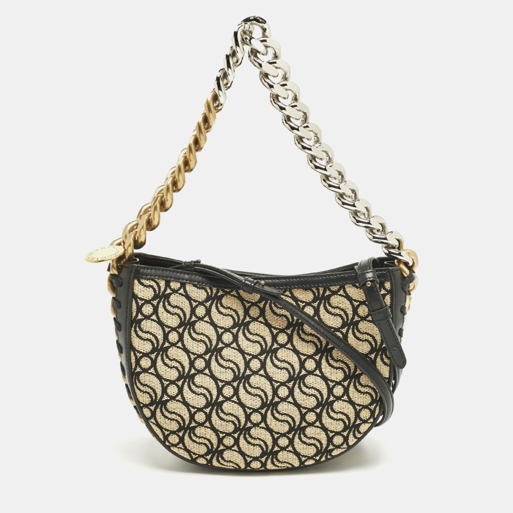 Stella McCartney Black/Cream Faux Leather and Raffia Medium S Wave Frayme Bag Stella McCartney Black/Cream Faux Leather and Raffia Medium S Wave Frayme Bag