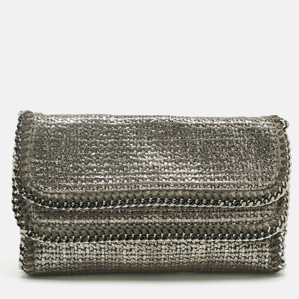 Stella McCartney Metallic Grey Woven Coated Fabric Falabella Fold Over Clutch