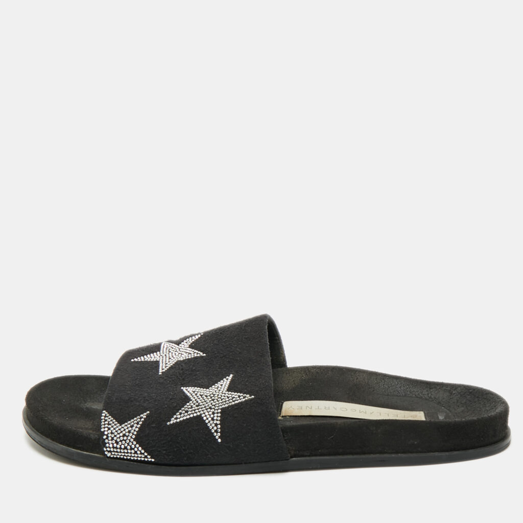 Stella McCartney Black Faux Suede Star Embellished Flat Slides Size 37 Stella McCartney Black Faux Suede Star Embellished Flat Slides Size 37