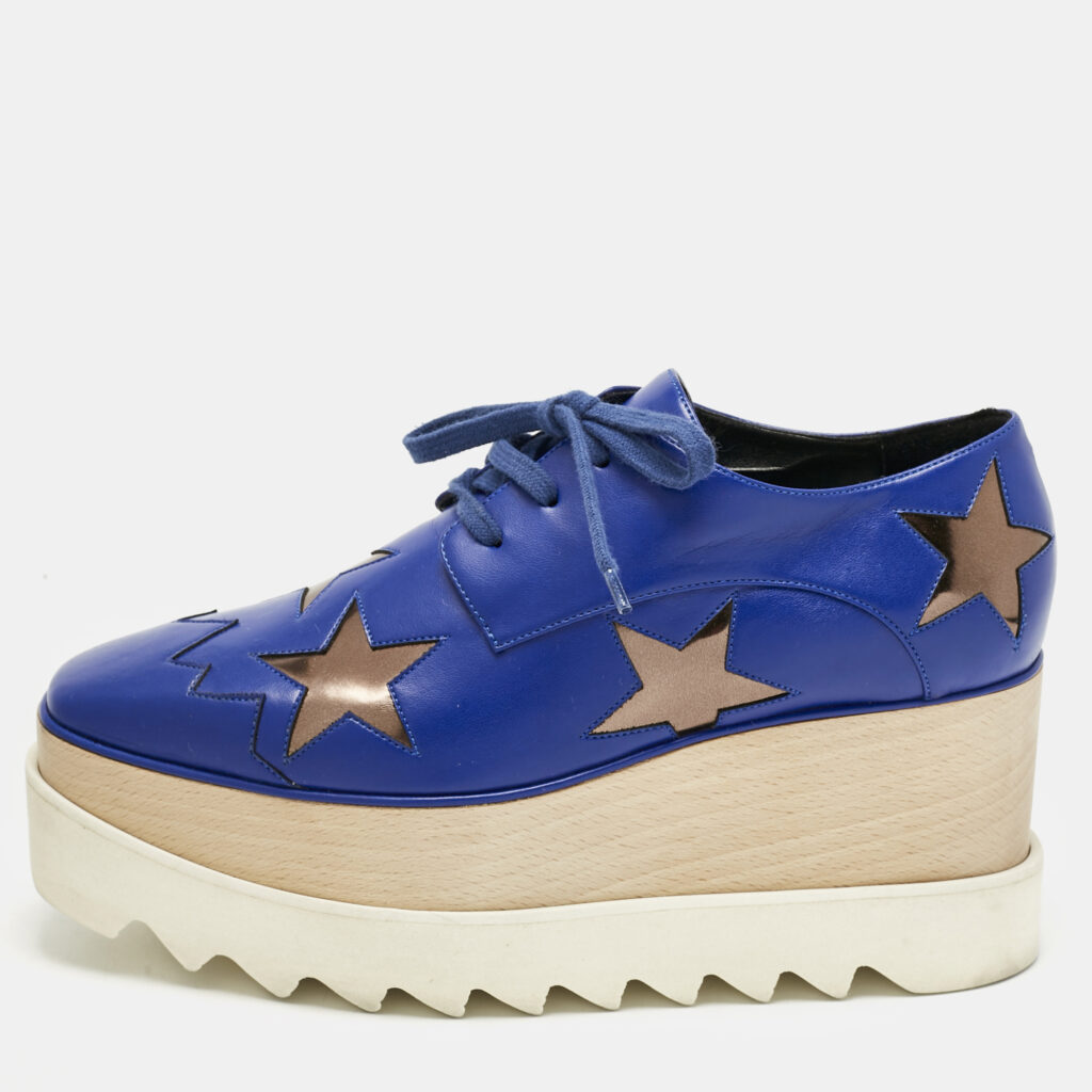 Stella McCartney Blue/Metallic Faux Leather Elyse Star Platform Lace Up Sneakers Size Size 35.5