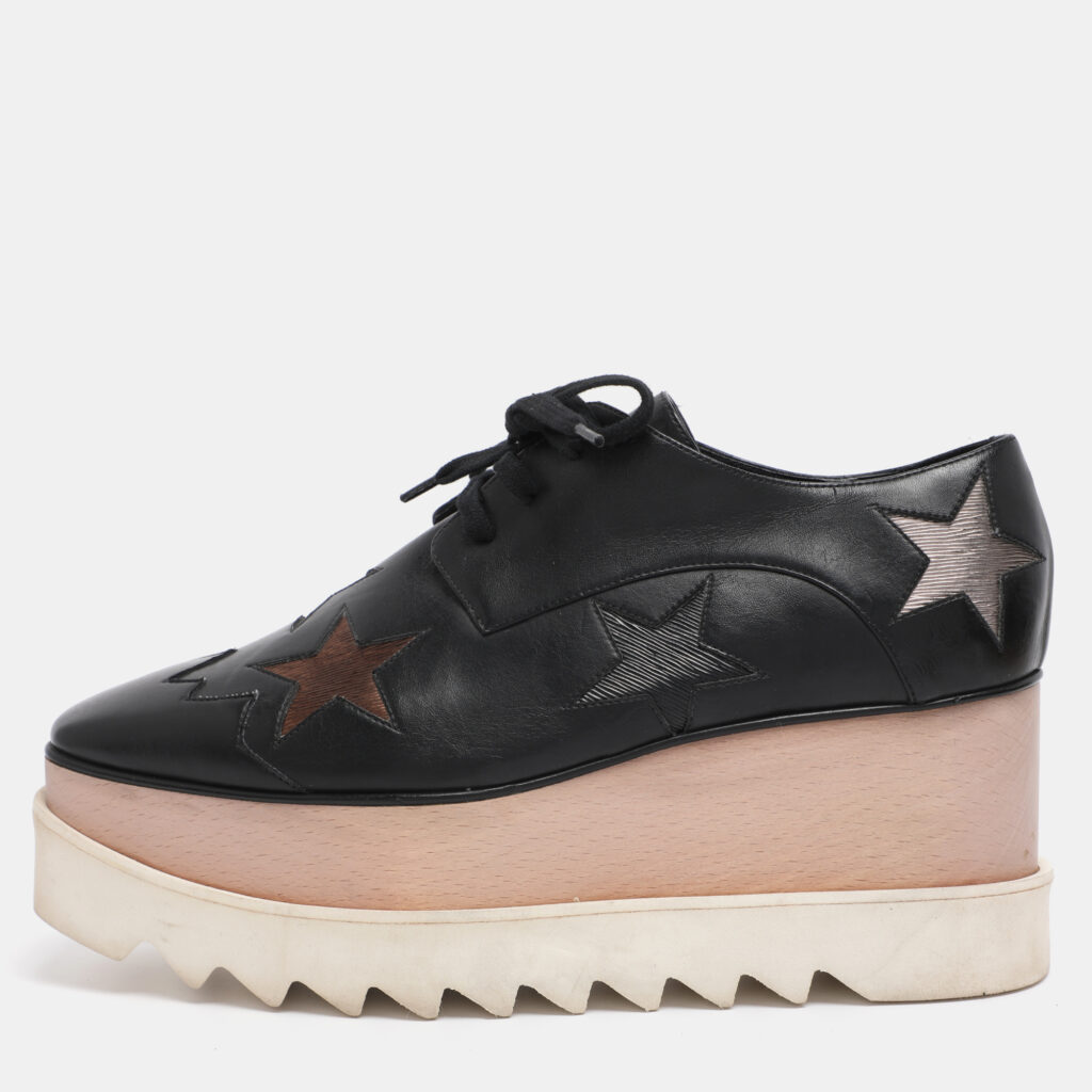 Stella McCartney Black Faux Leather Elyse Star Platform Derby Sneakers Size 38.5