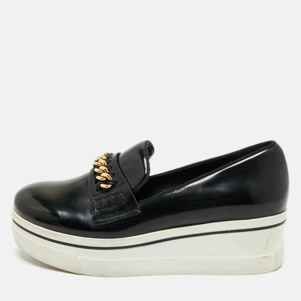Stella McCartney Black Faux Leather Chain Link Platform Slip On Sneakers Size 38 Stella McCartney Black Faux Leather Chain Link Platform Slip On Sneakers Size 38
