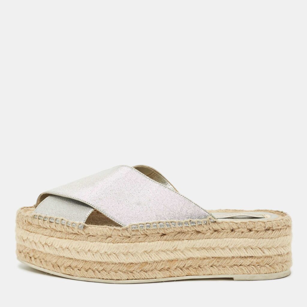 Stella McCartney Silver Faux Leather Crisscross Platform Espadrille Sandals Size 39 Stella McCartney Silver Faux Leather Crisscross Platform Espadrille Sandals Size 39